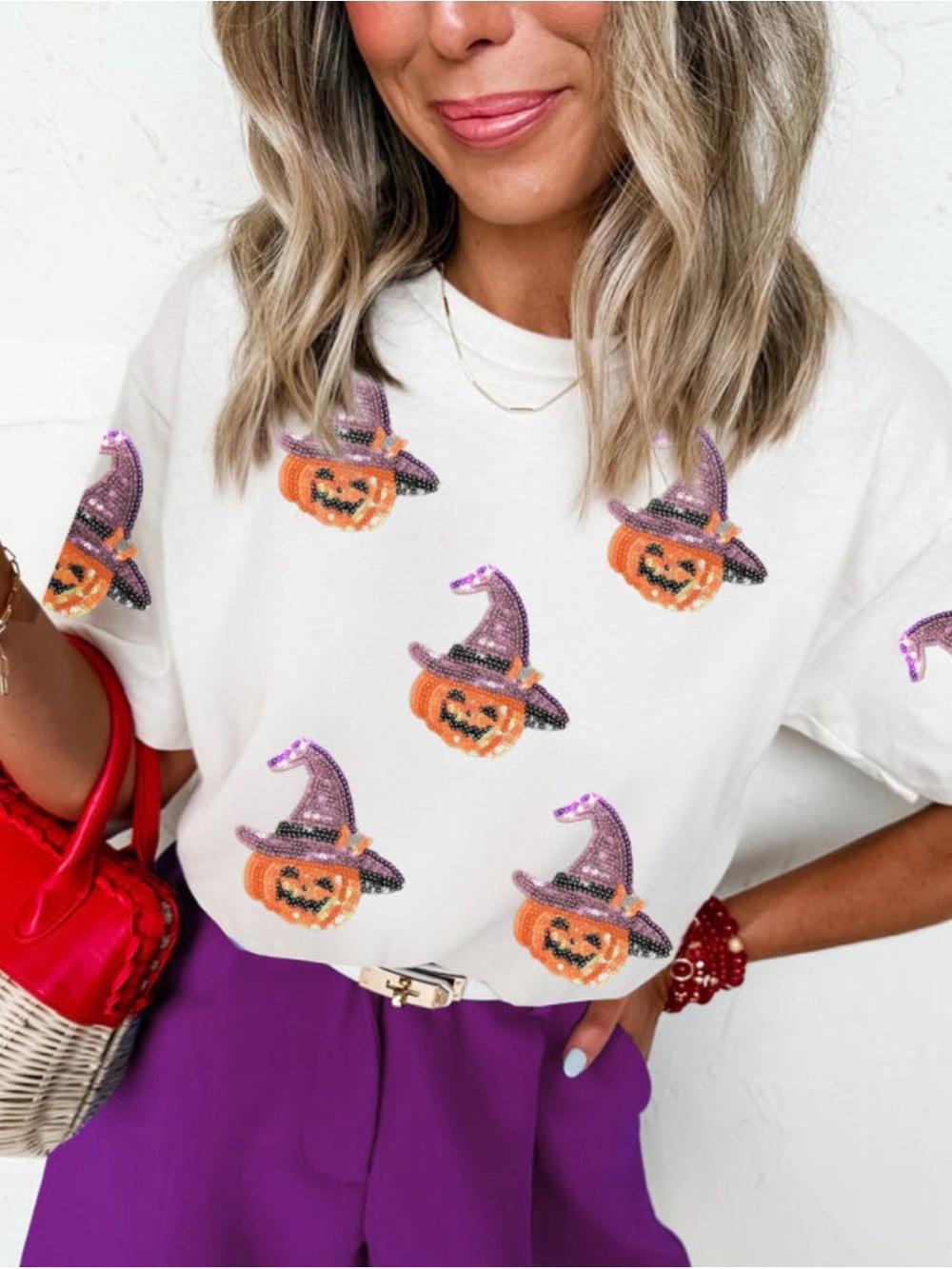 Sequin Pumpkin Witch Hat Graphic Tee in White